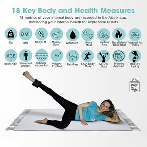 A woman in a blue top is lying on an exercise mat with one leg raised, surrounded by icons depicting various health metrics, including BMI and body fat percentage. The text on the image highlights "18 Key Body and Health Measures" recorded in the AiLink app.