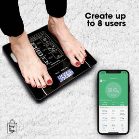 A person stands on a black smart scale displaying their weight, while a smartphone next to it shows a connected app with various body metrics. The scale features user instructions and a digital display indicating weight, with a white, furry surface underneath.