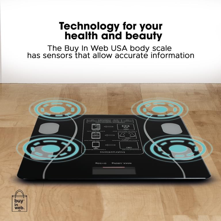 The black smart scale features multiple sensor points and a central display with user instructions, positioned on a wooden floor. The design incorporates a sleek, modern look with a glossy finish.