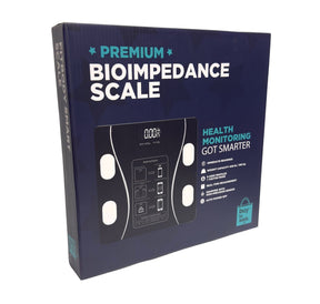 The packaging features a dark blue design with bold white text highlighting "Premium Bioimpedance Scale" and key functions like "Health Monitoring Got Smarter." The front displays illustrations for usage instructions and a digital display showing "00.00" with a maximum capacity of 180 kg / 396 lb.