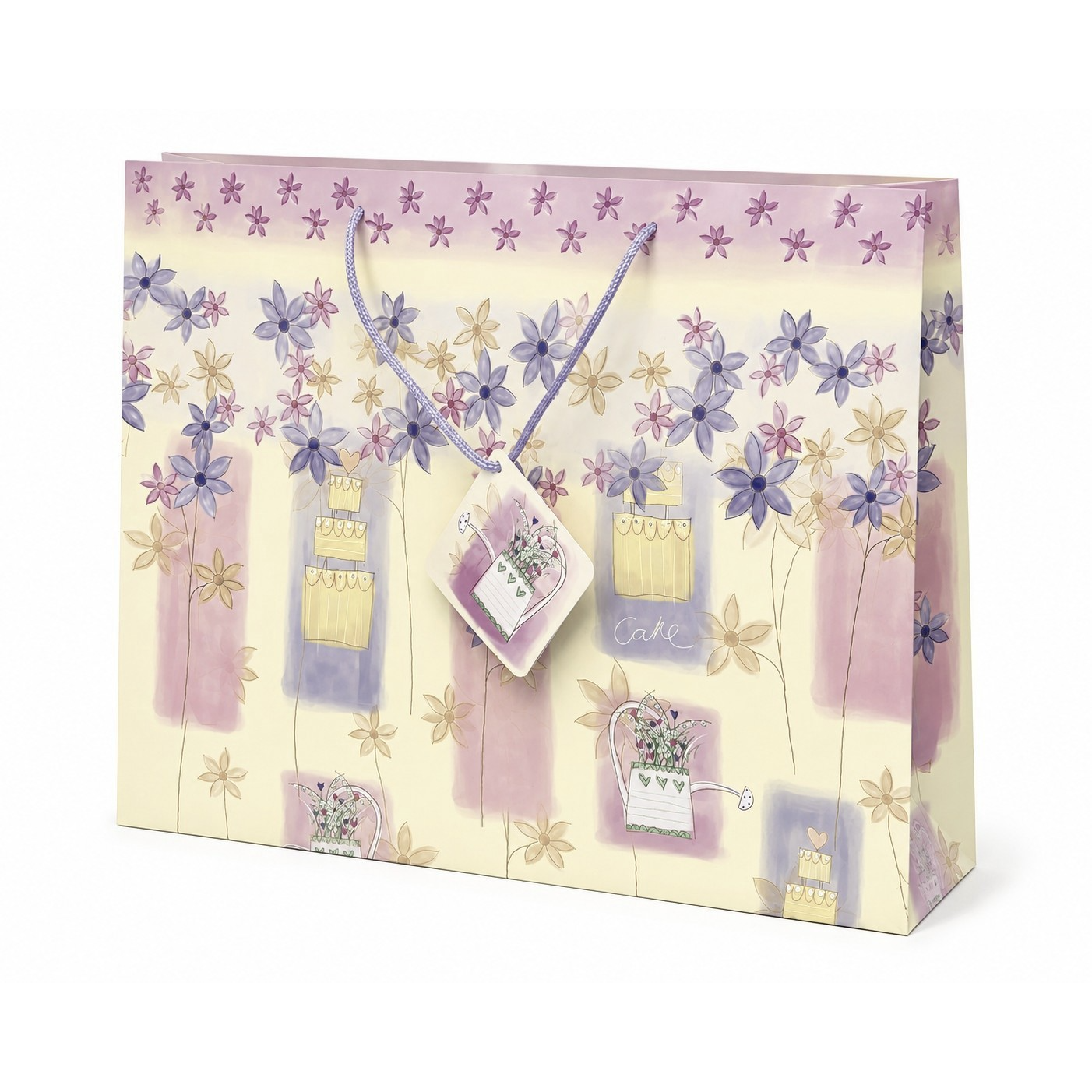 The gift bag features a pastel floral design with purple and yellow flowers, adorned with illustrated cake and flower pot motifs. It includes twisted handles for easy carrying and is finished with a high gloss for a polished appearance.