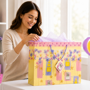 A woman is smiling while opening a vibrant pastel flower pot gift bag, decorated with a floral design in pink, yellow, and purple hues. The bag features tissue paper peeking out from the top and a small tag attached, set against a backdrop of colorful balloons and wrapped gifts.