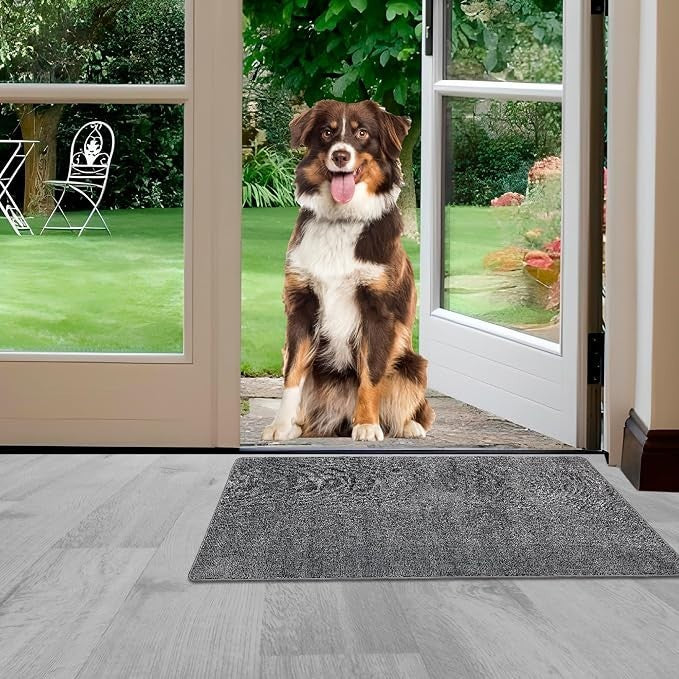 The gray doormat is positioned just inside an open door, with a dog sitting outside on a stone pathway, surrounded by a green garden. The doormat features a textured surface that captures dirt and moisture.