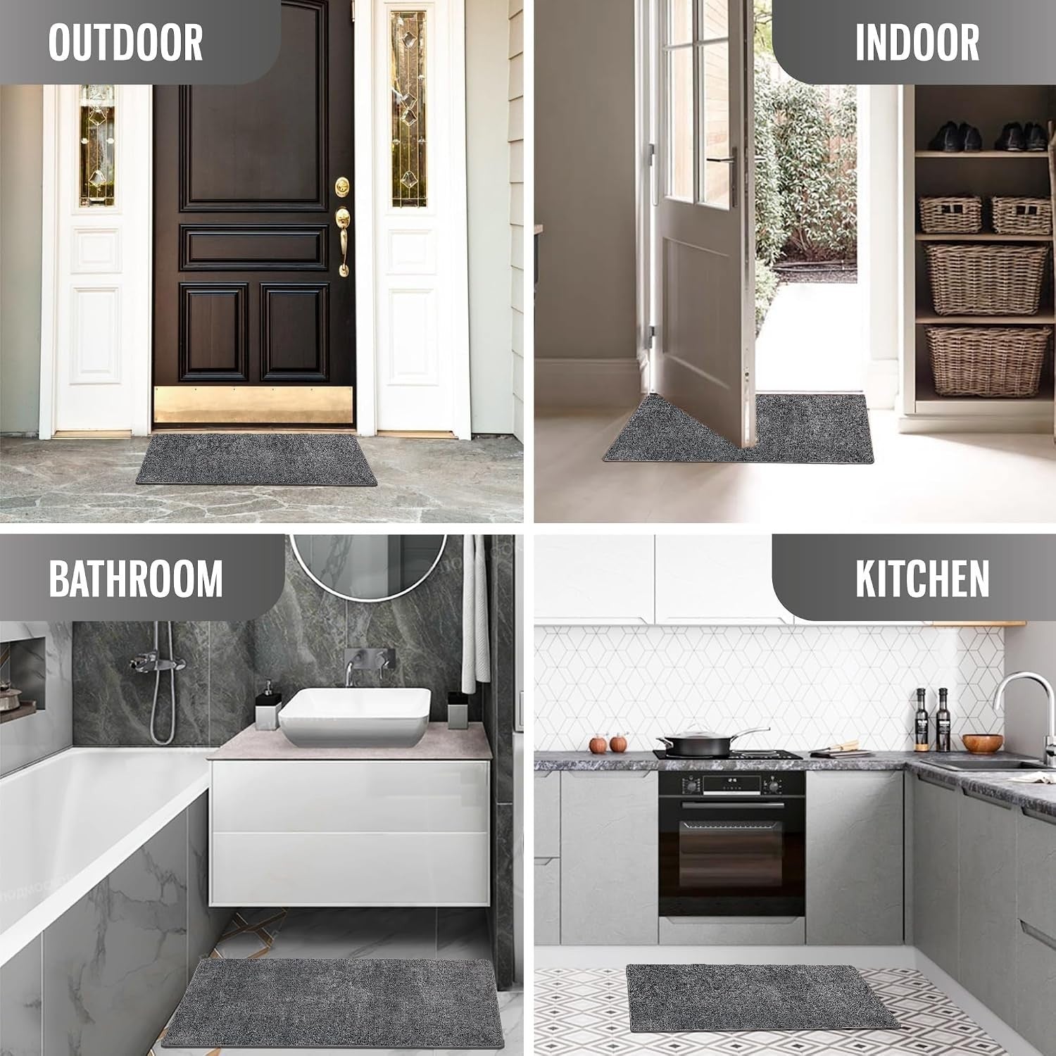 Four views of the gray doormat displayed in various settings: outside a front door, inside a home near an open door, in a bathroom beside a sink, and in a kitchen next to an oven. Each area showcases the mat's versatility for different locations.