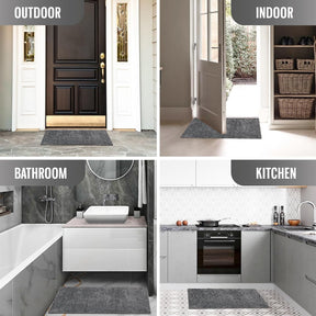 Four views of the gray doormat displayed in various settings: outside a front door, inside a home near an open door, in a bathroom beside a sink, and in a kitchen next to an oven. Each area showcases the mat's versatility for different locations.