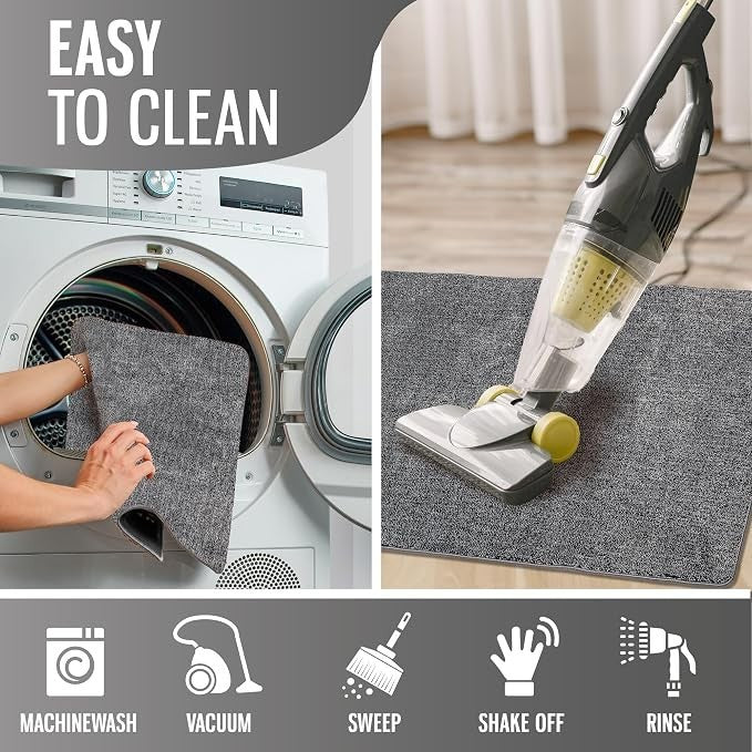 The image shows a gray doormat being placed into a washing machine on the left, while the right side features the doormat being vacuumed. Below, there are icons indicating cleaning methods: machine wash, vacuum, sweep, shake off, and rinse.