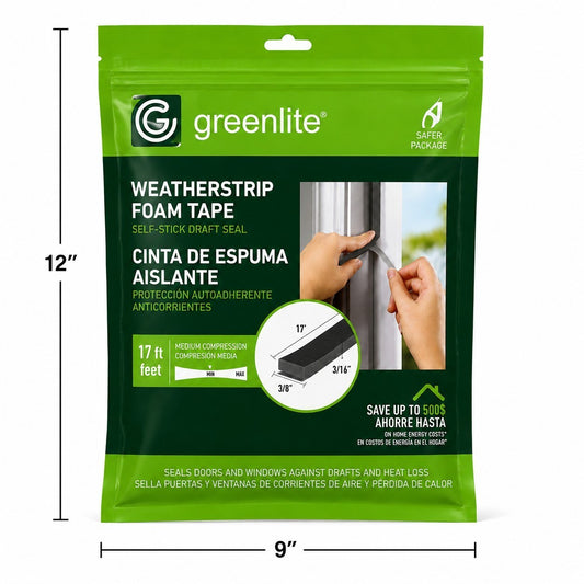 The packaging features a bright green background with the product name "Weatherstrip Foam Tape" prominently displayed, along with a visual of a hand applying the tape. The bag highlights the dimensions of the tape, showcasing it as self-stick and suitable for sealing against drafts, and indicates a total length of 17 feet.