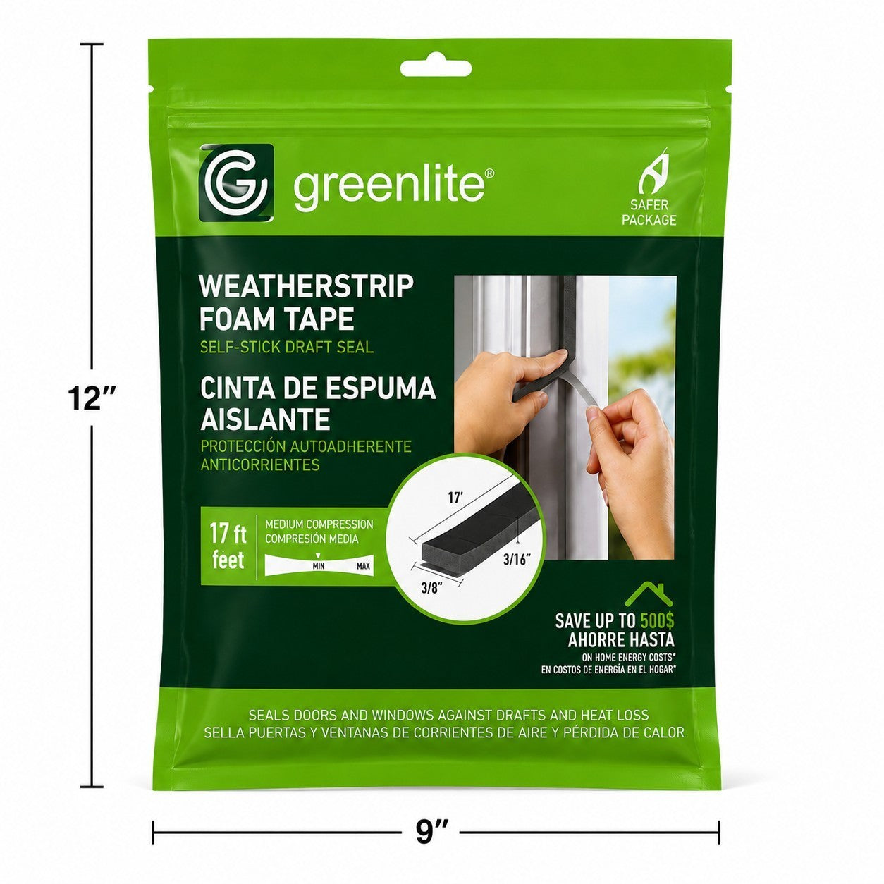 The packaging features a bright green background with the product name "Weatherstrip Foam Tape" prominently displayed, along with a visual of a hand applying the tape. The bag highlights the dimensions of the tape, showcasing it as self-stick and suitable for sealing against drafts, and indicates a total length of 17 feet.