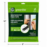 The packaging features a bright green background with the product name "Weatherstrip Foam Tape" prominently displayed, along with a visual of a hand applying the tape. The bag highlights the dimensions of the tape, showcasing it as self-stick and suitable for sealing against drafts, and indicates a total length of 17 feet.