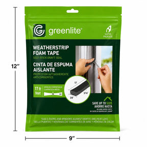 The packaging features a bright green background with the product name "Weatherstrip Foam Tape" prominently displayed, along with a visual of a hand applying the tape. The bag highlights the dimensions of the tape, showcasing it as self-stick and suitable for sealing against drafts, and indicates a total length of 17 feet.
