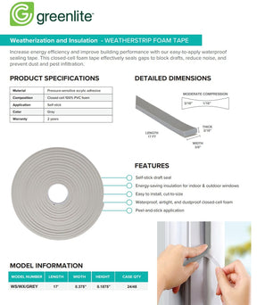 Close-up view of the Greenlite Weatherstrip Foam Tape, showcasing its circular roll design in a light gray color with a ribbed texture. The tape measures 17 feet in length and is designed to be self-stick for easy application.