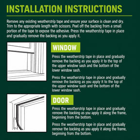Instructions for installing the Greenlite Weatherstrip Foam Tape, detailing the application process for windows and doors, with diagrams illustrating the placement of the tape.