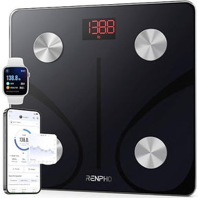 The sleek black RENPHO Smart Scale features a bright red LED display showing weight, with four metallic sensors positioned at each corner. Accompanying the scale are a smartphone and smartwatch displaying body metrics and health data.