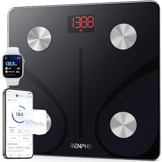 The sleek black RENPHO Smart Scale features a bright red LED display showing weight, with four metallic sensors positioned at each corner. Accompanying the scale are a smartphone and smartwatch displaying body metrics and health data.