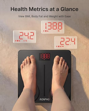 Feet standing on a black RENPHO smart scale displaying weight (138.8 lb), body fat percentage (24.2%), and BMI (22.4) in bold red numbers. The scale is placed on a light-colored surface.
