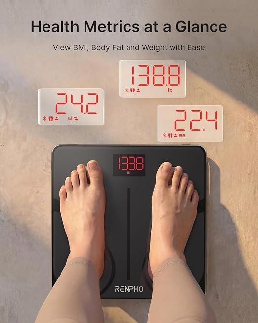 Feet standing on a black RENPHO smart scale displaying weight (138.8 lb), body fat percentage (24.2%), and BMI (22.4) in bold red numbers. The scale is placed on a light-colored surface.
