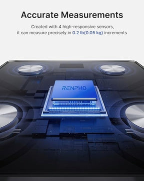 Close-up view showing the RENPHO smart scale's internal components, including a prominent blue sensor chip illuminated with LED lights, surrounded by four responsive sensors and a sleek black surface.