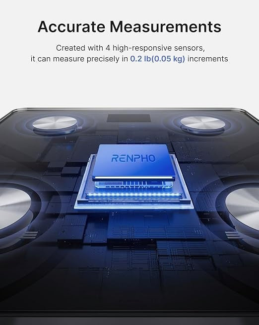 Close-up view showing the RENPHO smart scale's internal components, including a prominent blue sensor chip illuminated with LED lights, surrounded by four responsive sensors and a sleek black surface.