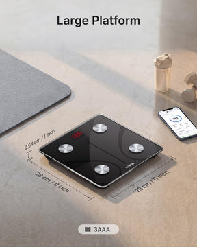 The smart scale features a large black platform with a sleek design, measuring 28 cm by 28 cm and 2.54 cm thick, accompanied by four metal feet for stability. A digital display is visible on the surface, and the image includes labels indicating dimensions and battery information.