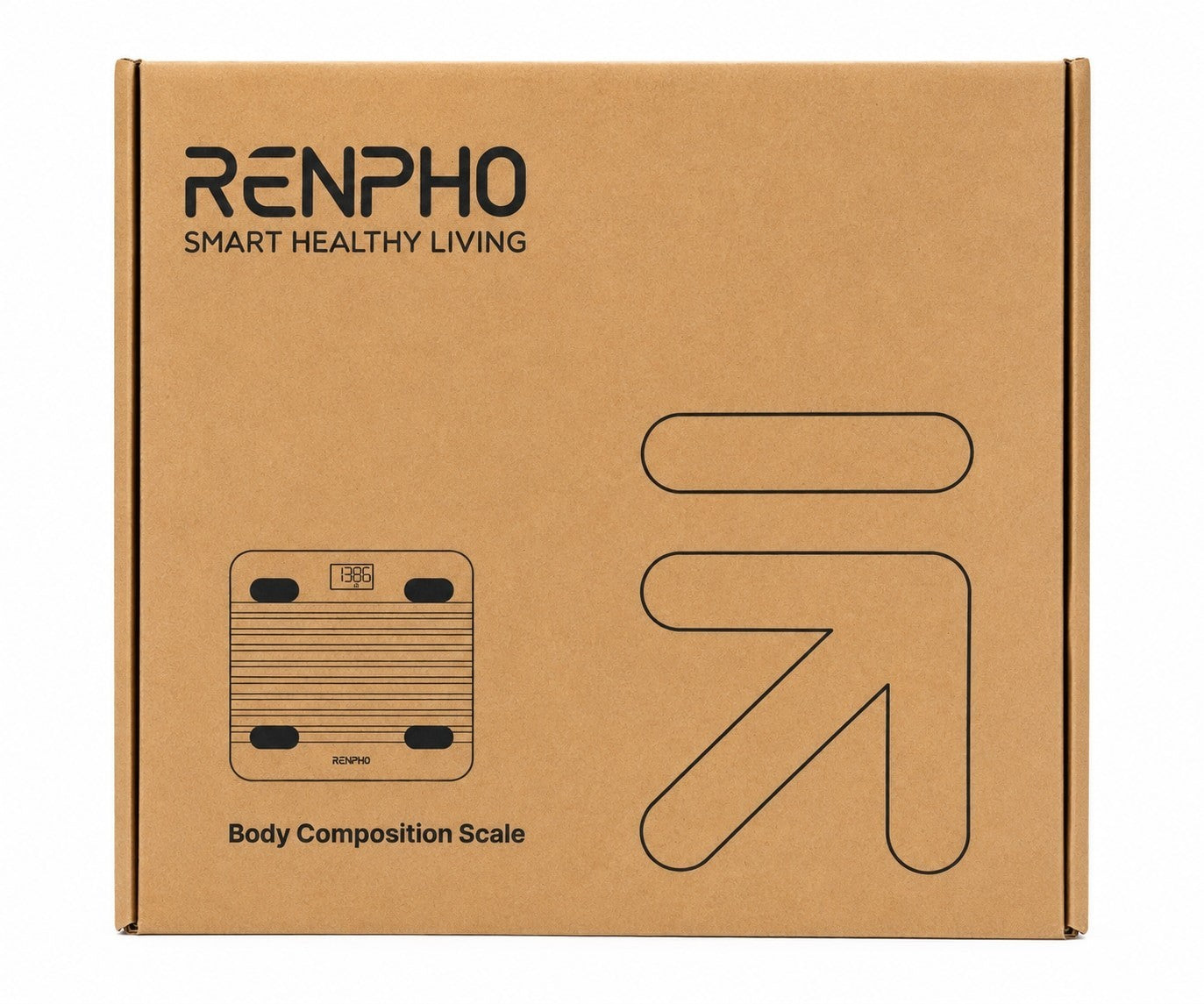 Brown shipping box for the RENPHO Smart Scale, featuring a simple illustration of the scale on the front, labeled "Body Composition Scale," with additional branding at the top.