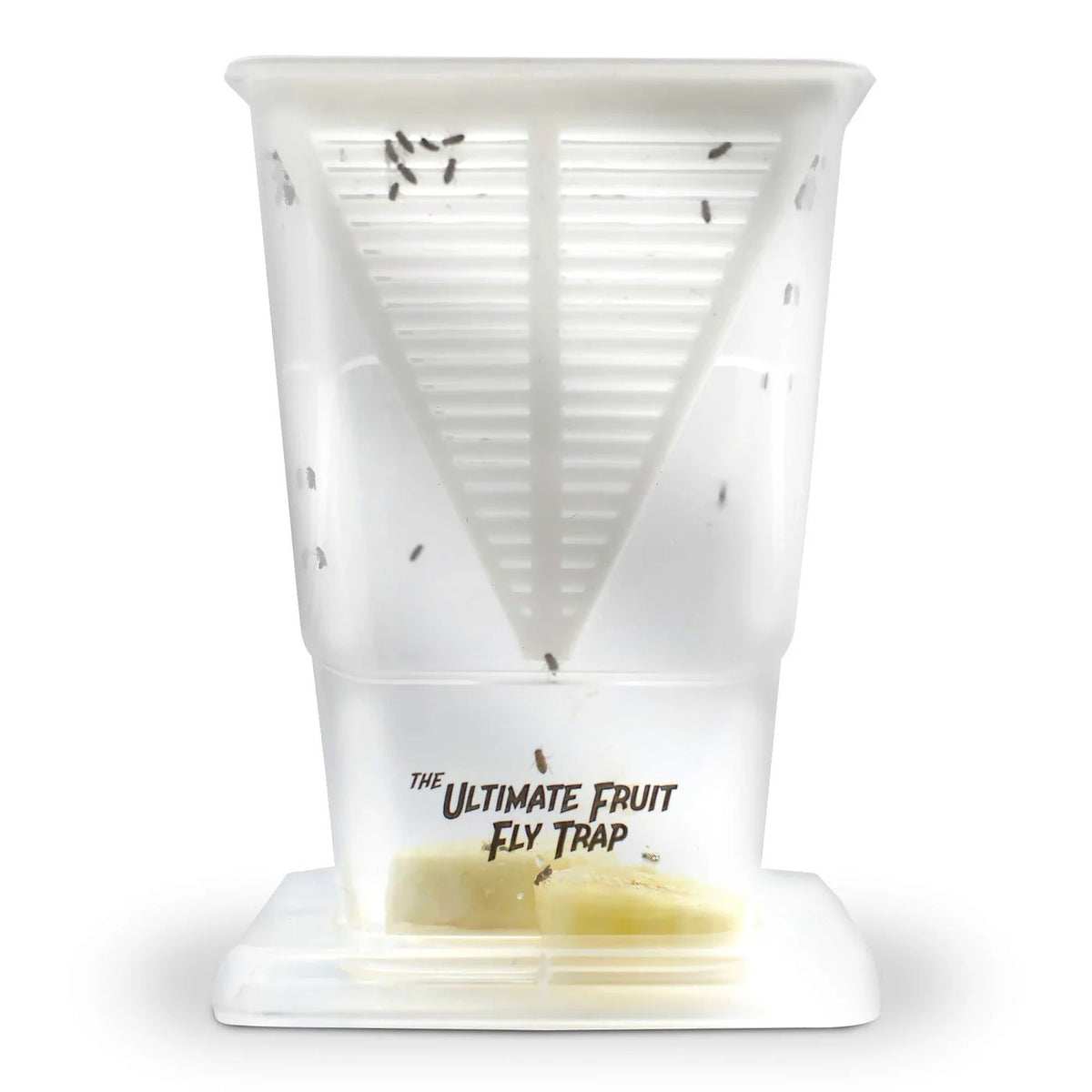 Transparent fruit fly trap with a triangular shape, featuring a slotted top for entry, and containing visible fruit pieces inside. The text "THE ULTIMATE FRUIT FLY TRAP" is printed on the lower part of the trap.