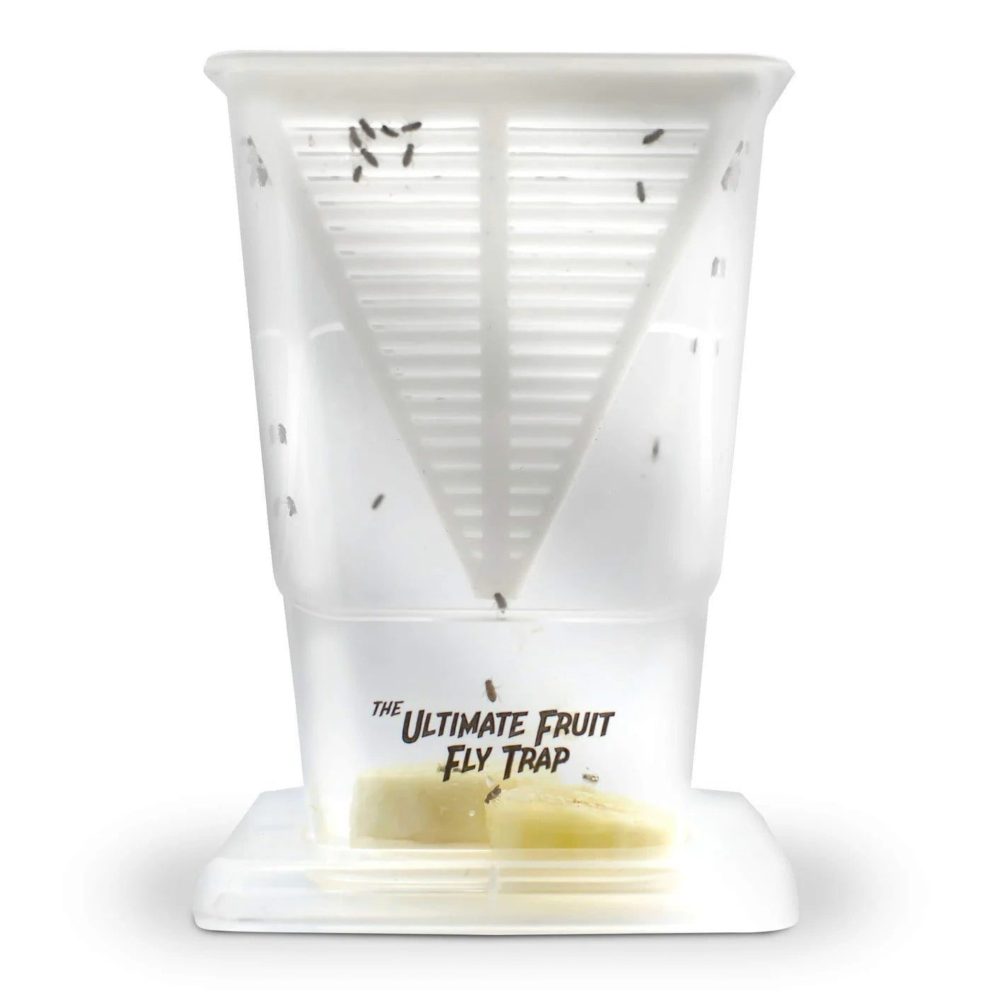 Transparent fruit fly trap with a triangular shape, featuring a slotted top for entry, and containing visible fruit pieces inside. The text "THE ULTIMATE FRUIT FLY TRAP" is printed on the lower part of the trap.