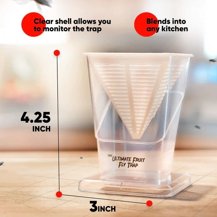 Transparent trap with a triangular baiting funnel, measuring 4.25 inches in height and 3 inches in width, designed to blend into kitchen environments. The clear shell allows for easy monitoring of caught fruit flies.