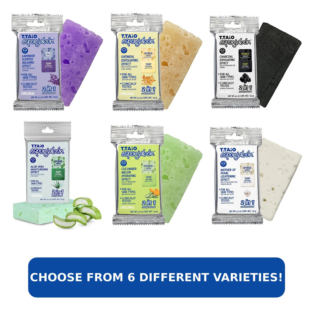 Collection of six 2-in-1 soap sponges in various colors, including lavender, oatmeal, charcoal, aloe vera, cucumber, and mother of pearl, each highlighted in their packaging. Each sponge features a different exfoliating or moisturizing effect suitable for all skin types.