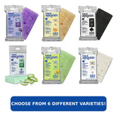 Collection of six 2-in-1 soap sponges in various colors, including lavender, oatmeal, charcoal, aloe vera, cucumber, and mother of pearl, each highlighted in their packaging. Each sponge features a different exfoliating or moisturizing effect suitable for all skin types.