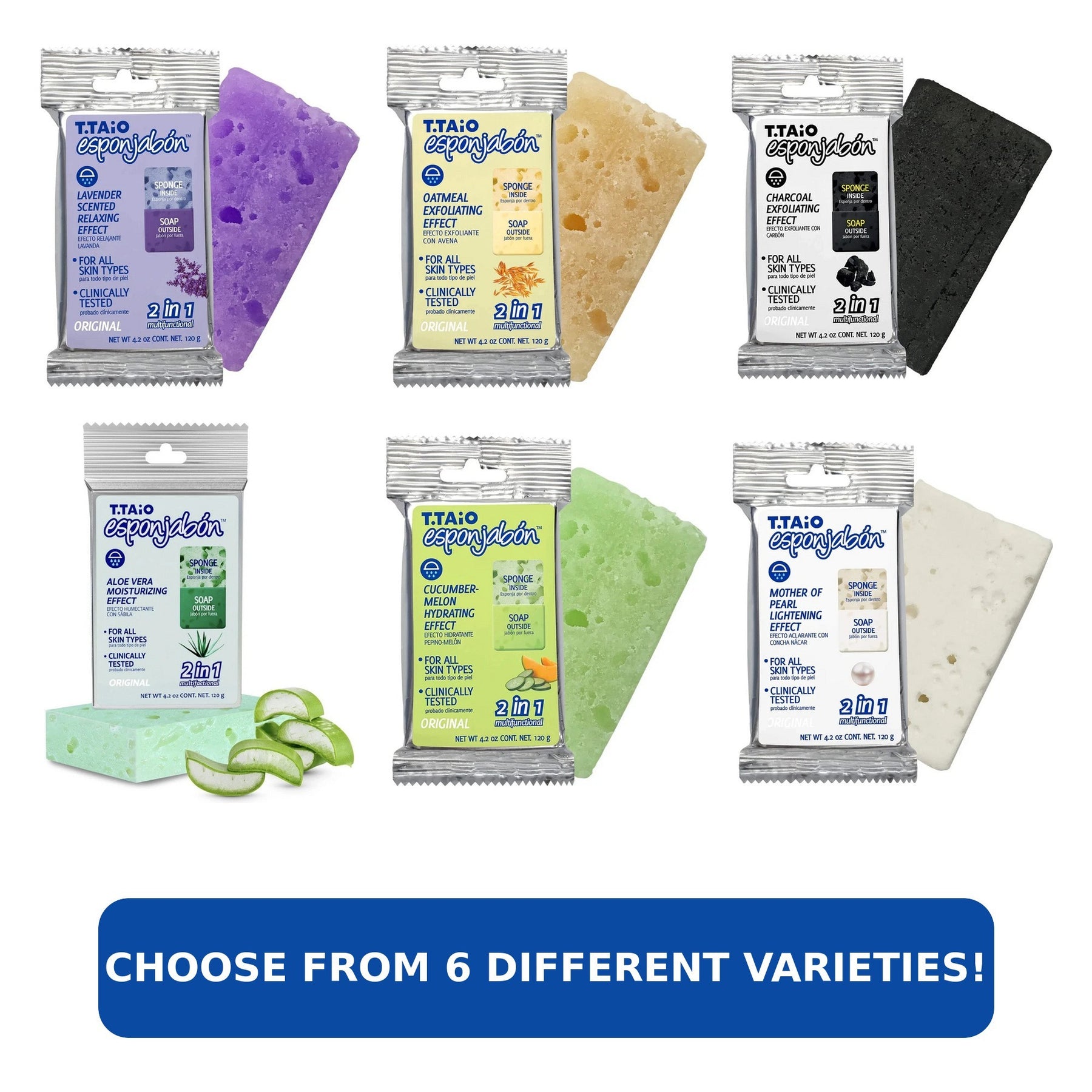 Collection of six 2-in-1 soap sponges in various colors, including lavender, oatmeal, charcoal, aloe vera, cucumber, and mother of pearl, each highlighted in their packaging. Each sponge features a different exfoliating or moisturizing effect suitable for all skin types.