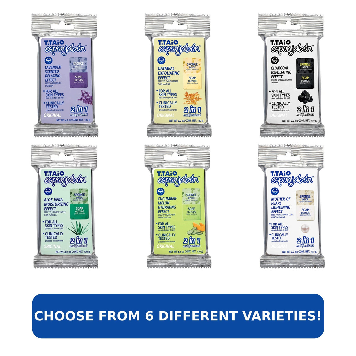 Six individually packaged soap sponges in various scents and effects, including Lavender, Oatmeal, Aloe Vera, Cucumber-Melon, Charcoal, and Mother of Pearl. Each package features vibrant colors and detailed labels indicating the specific exfoliating or moisturizing benefits, with the text "Choose from 6 different varieties!" prominently displayed below.