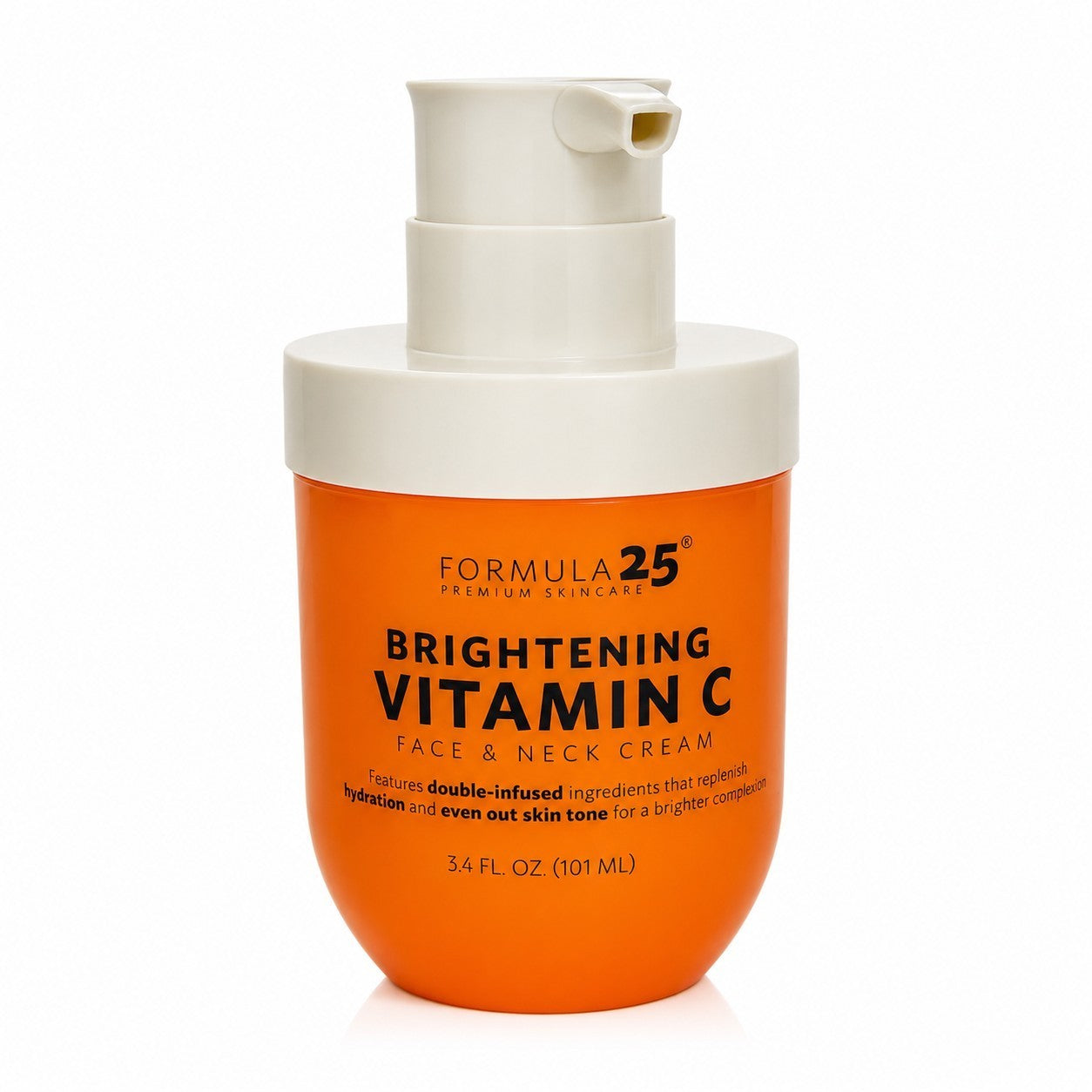 Vibrant orange jar with a white pump top, labeled "BRIGHTENING VITAMIN C FACE & NECK CREAM," featuring a 3.4 FL OZ (101 ML) capacity. The design highlights a modern and clean look, ideal for skincare enthusiasts.