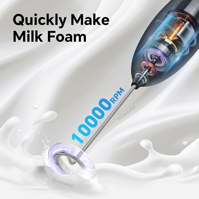 The image showcases the electric milk blender's whisk attachment focused on its metal head, surrounded by splashes of milk, highlighting the 10,000 RPM speed. The text "Quickly Make Milk Foam" emphasizes its functionality.