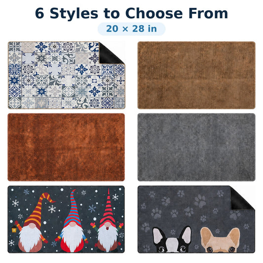 Features six styles of super absorbent indoor doormats, measuring 20 x 28 inches, showcasing various patterns including floral designs, solid textures, and playful gnomes. Each mat has a low-profile shape and a versatile color palette suitable for entryways.