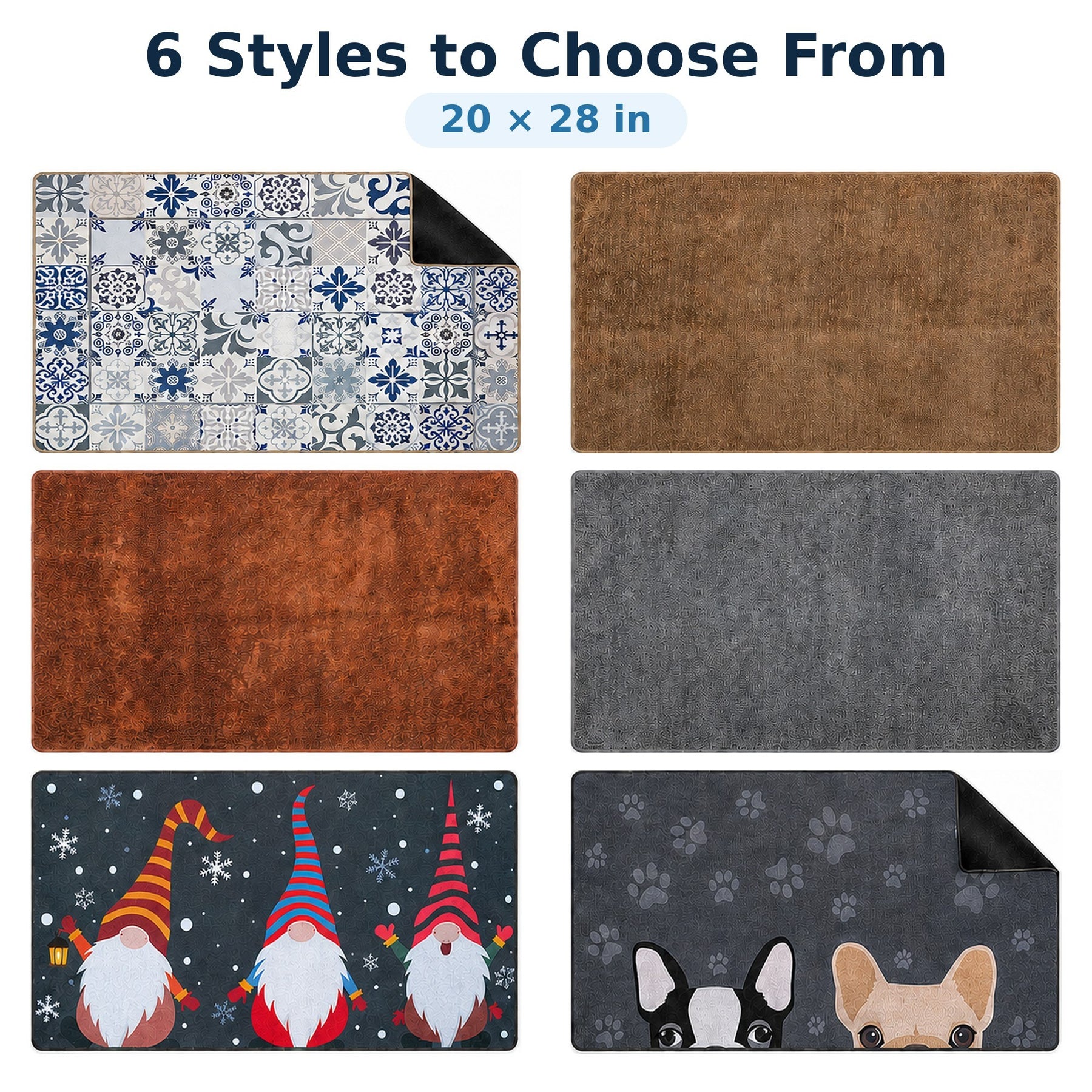 Features six styles of super absorbent indoor doormats, measuring 20 x 28 inches, showcasing various patterns including floral designs, solid textures, and playful gnomes. Each mat has a low-profile shape and a versatile color palette suitable for entryways.