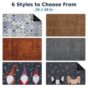Features six styles of super absorbent indoor doormats, measuring 20 x 28 inches, showcasing various patterns including floral designs, solid textures, and playful gnomes. Each mat has a low-profile shape and a versatile color palette suitable for entryways.