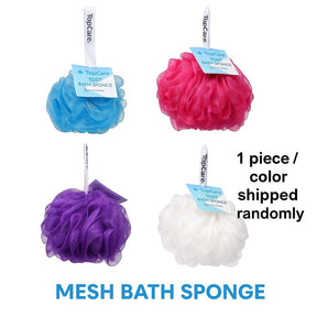 Colorful mesh bath sponges in four vibrant shades: blue, pink, purple, and white, each featuring a hanging loop and brand tag. A single sponge will be shipped at random.