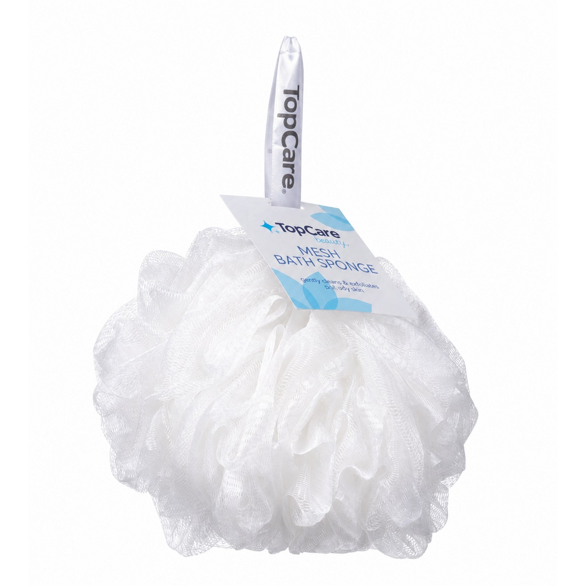 A soft, white mesh bath sponge with a ribbon loop for hanging is displayed, showcasing its fluffy, textured design. The sponge features a tag that reads "TopCare Mesh Bath Sponge."