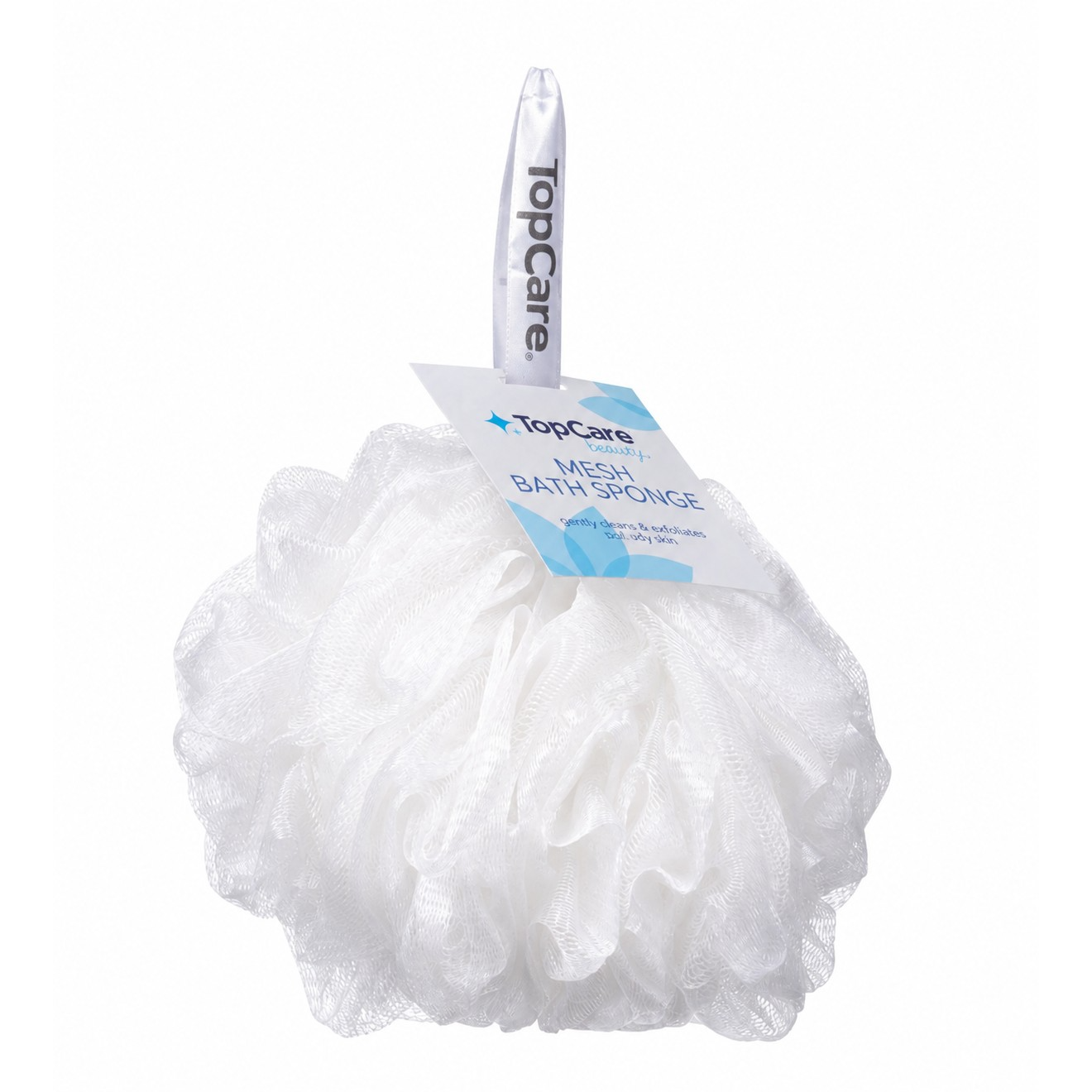 A soft, white mesh bath sponge with a ribbon loop for hanging is displayed, showcasing its fluffy, textured design. The sponge features a tag that reads "TopCare Mesh Bath Sponge."