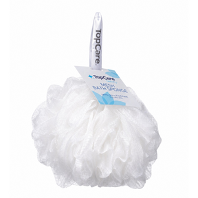 A soft, white mesh bath sponge with a ribbon loop for hanging is displayed, showcasing its fluffy, textured design. The sponge features a tag that reads "TopCare Mesh Bath Sponge."