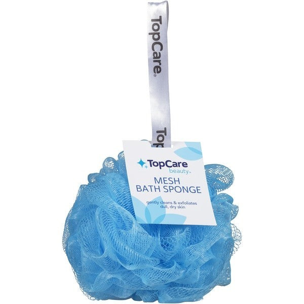 Vibrant blue mesh bath sponge with a soft, textured surface, featuring a hanging loop for easy storage. A tag attached displays "TopCare beauty MESH BATH SPONGE" and care instructions.