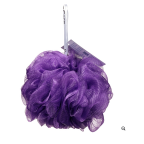 Vibrant purple mesh bath sponge with a fluffy, textured appearance and a hanging loop for easy storage.