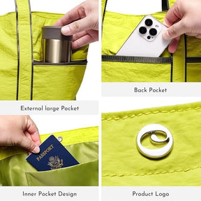 Close-up views of the tote bag's features, including a hand placing a metal tumbler in the external large pocket, a smartphone in the back pocket, a passport in the inner pocket, and a detailed shot of the product logo. The bag is bright yellow and showcases various practical storage options.