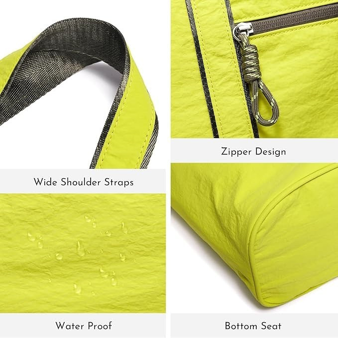 Close-up details of a large neon yellow canvas tote bag showcasing wide shoulder straps, a zipper design, and water-resistant features with droplets on the fabric, highlighting the bottom seat's shape.