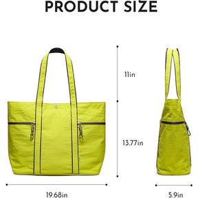 Size dimensions of the large canvas tote bag displayed, showing a vibrant yellow color with two zippered pockets on the front and adjustable straps. Measurements indicate a width of 19.68 inches, height of 13.77 inches, and depth of 5.9 inches.