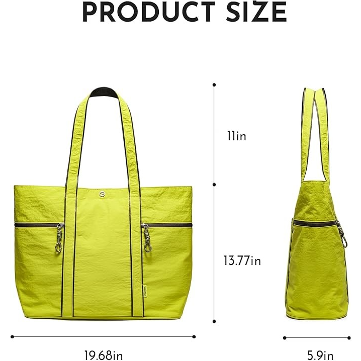 Size dimensions of the large canvas tote bag displayed, showing a vibrant yellow color with two zippered pockets on the front and adjustable straps. Measurements indicate a width of 19.68 inches, height of 13.77 inches, and depth of 5.9 inches.
