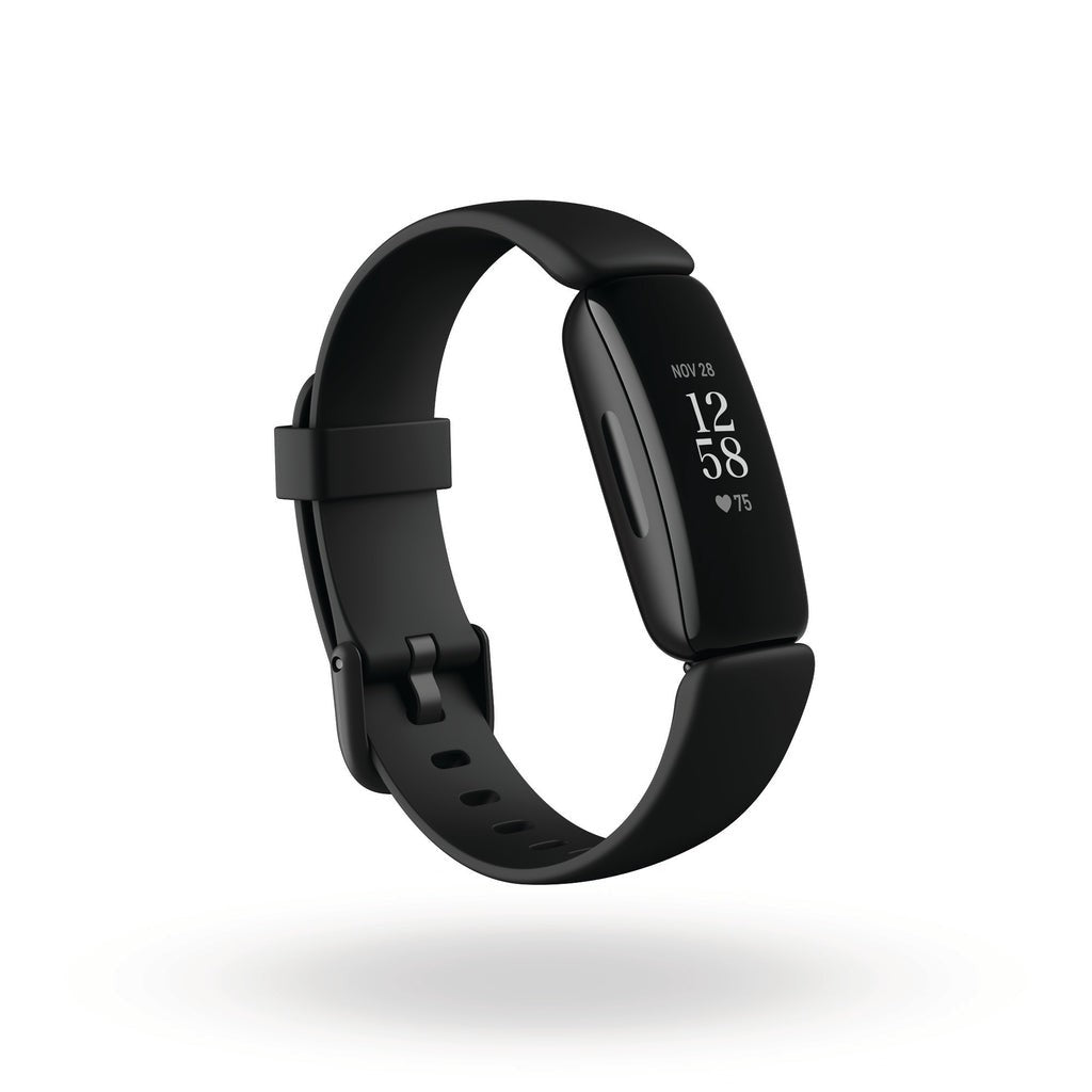 The black Fitbit Inspire 2 fitness tracker features a sleek rectangular display showing the date and heart rate, with a soft silicone band that includes adjustable holes for a comfortable fit.