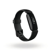 The black Fitbit Inspire 2 fitness tracker features a sleek rectangular display showing the date and heart rate, with a soft silicone band that includes adjustable holes for a comfortable fit.