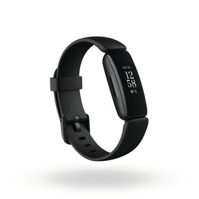The black Fitbit Inspire 2 fitness tracker features a sleek rectangular display showing the date and heart rate, with a soft silicone band that includes adjustable holes for a comfortable fit.