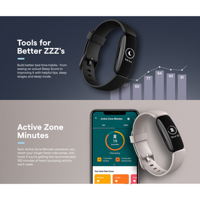 Black Fitbit Inspire 2 fitness tracker displayed alongside a white version, with a smartphone screen showing the Active Zone Minutes feature. Graphs in the background illustrate sleep data and active minutes, emphasizing health tracking capabilities.